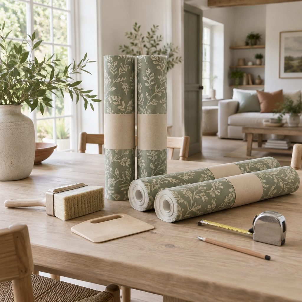 Four rolls of sage botanical wallpaper on an oak table with a pasting brush, smoothing tool, tape measure and pencil