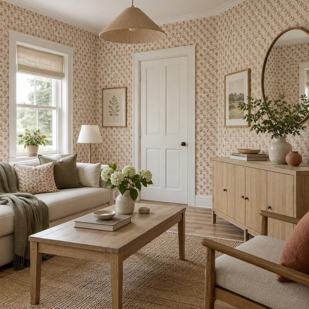 Living room papered all around in a small terracotta and cream pattern, neatly cut around a white door and a window