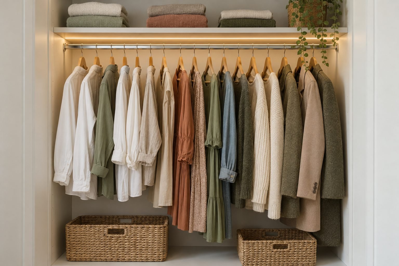 A built-in wardrobe with a chrome hanging rail of shirts, dresses and knits on wooden hangers hanging side-on, folded jumpers on a lit shelf above and woven baskets below