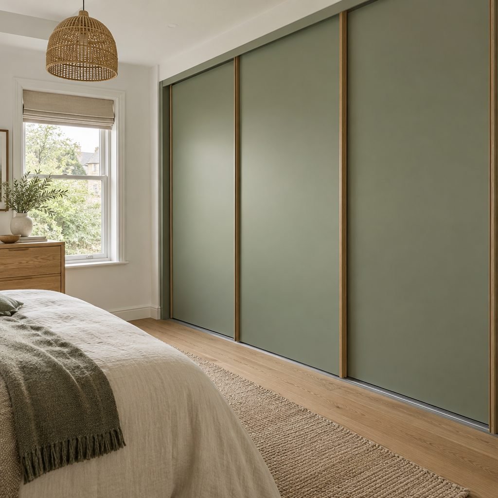 Bedroom with a floor-to-ceiling sage green sliding door wardrobe on a floor track beside a sash window and a bed with a green throw