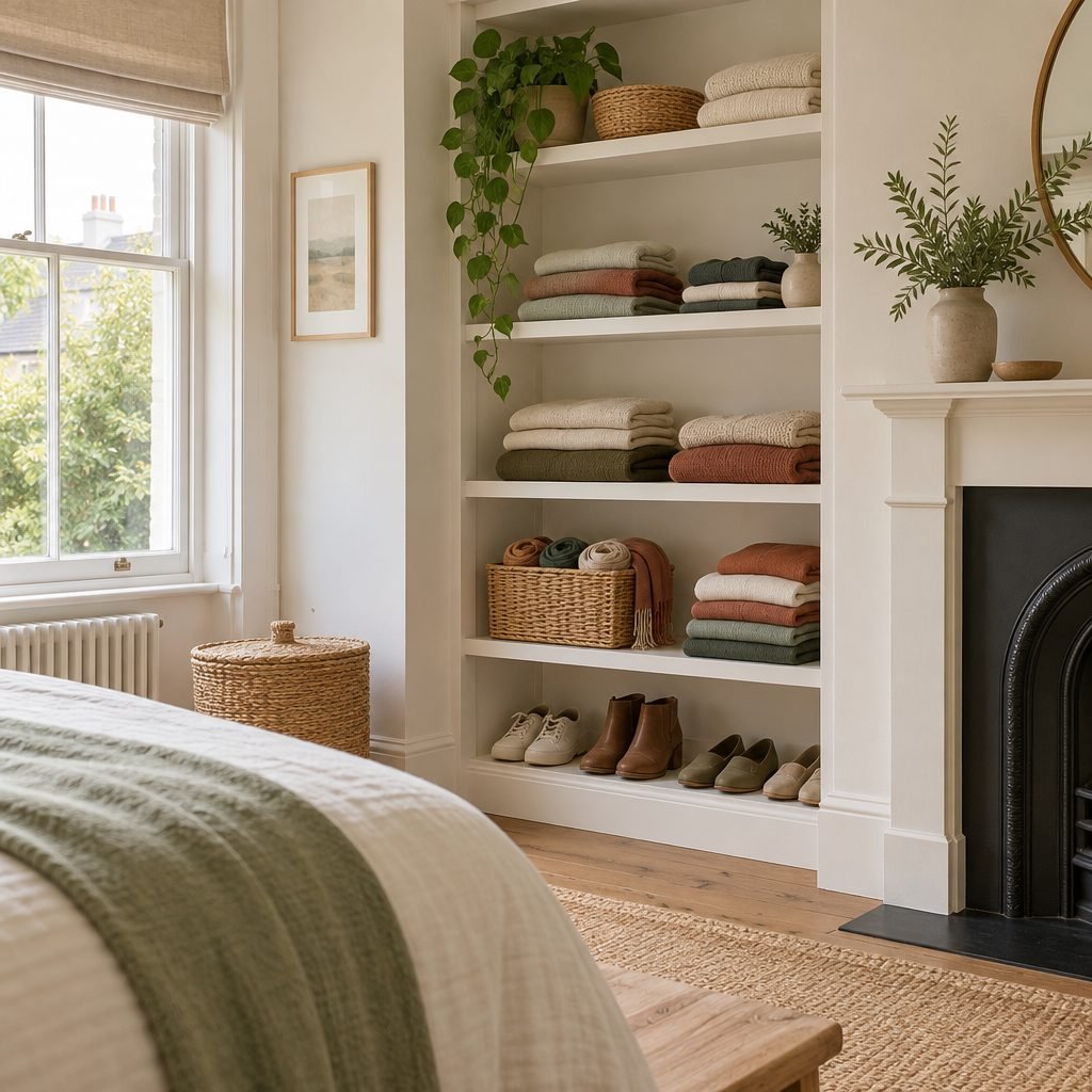 Shallow alcove beside a fireplace fitted with white shelves holding folded jumpers, a basket of rolled scarves and shoes on the bottom shelf