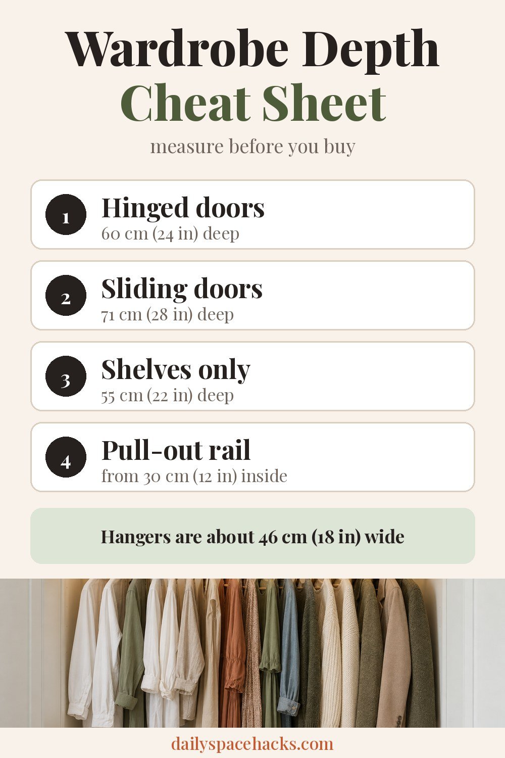 Wardrobe depth cheat sheet: hinged doors 60 cm, sliding doors 71 cm, shelves only 55 cm, pull-out rail from 30 cm inside